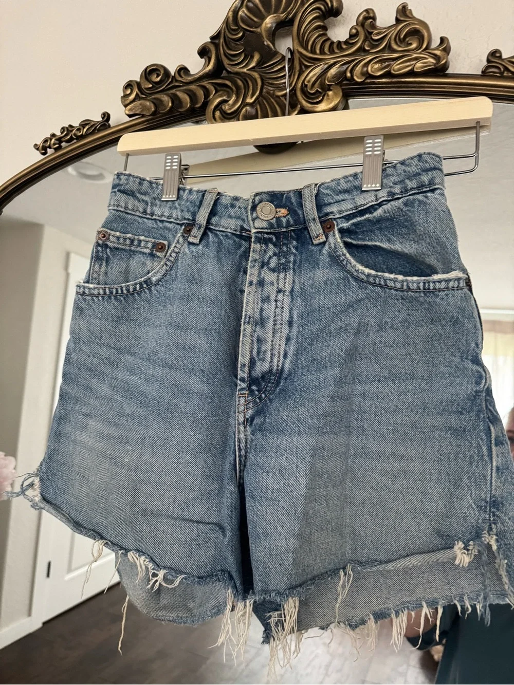 Zara Light Blue Distressed Denim Shorts